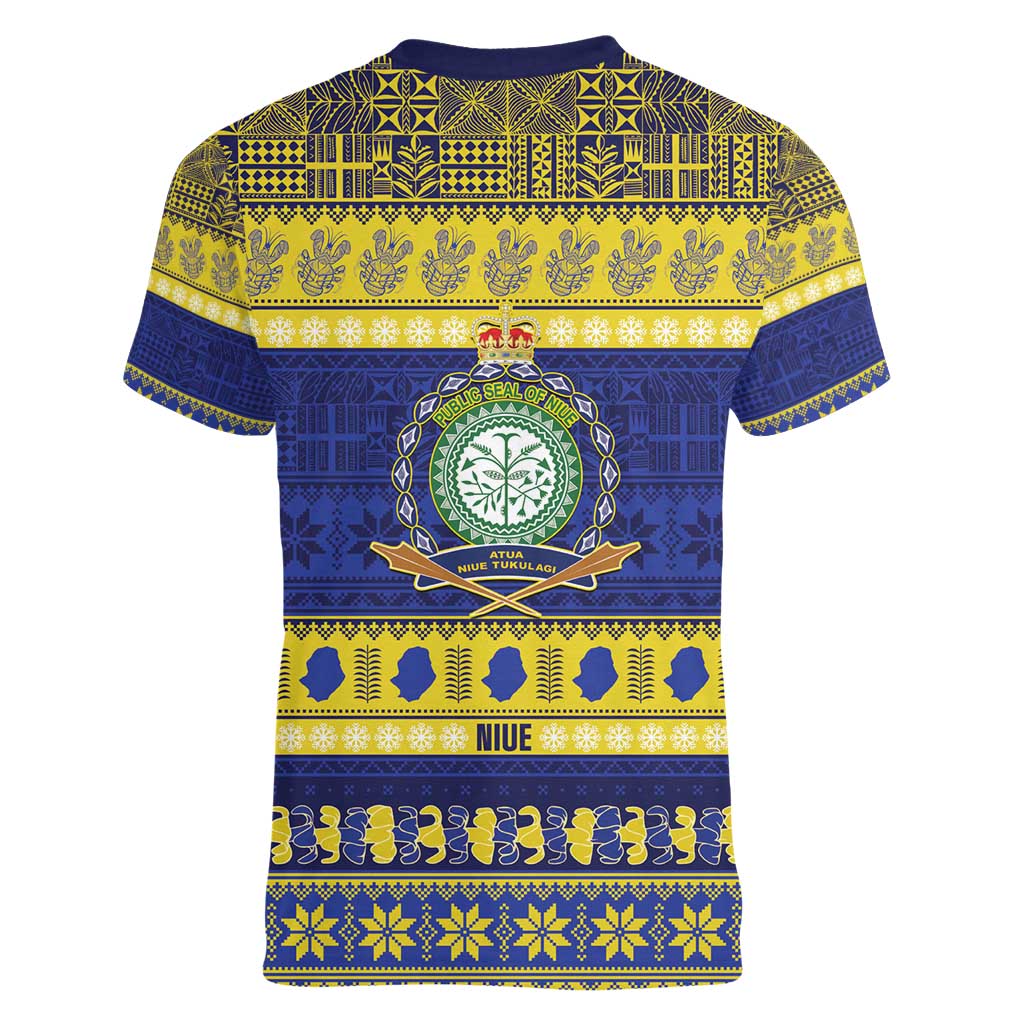 Niue Christmas Women V-Neck T-Shirt Monuina e Kilisimasi Hiapo Motifs LT14 - Polynesian Pride
