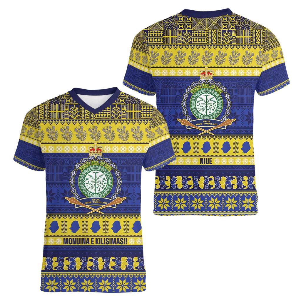 Niue Christmas Women V-Neck T-Shirt Monuina e Kilisimasi Hiapo Motifs LT14 - Polynesian Pride
