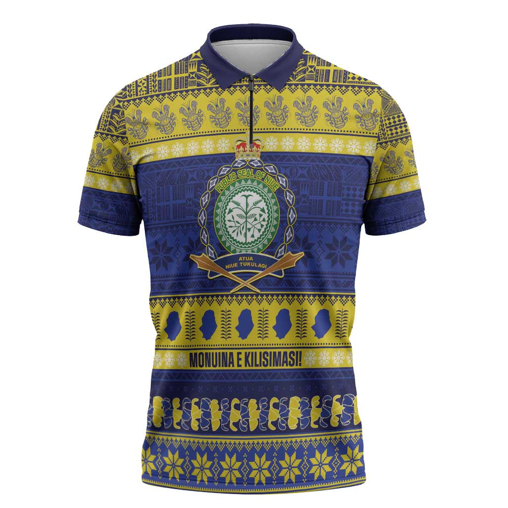 Niue Christmas Zipper Polo Shirt Monuina e Kilisimasi Hiapo Motifs LT14 Blue - Polynesian Pride