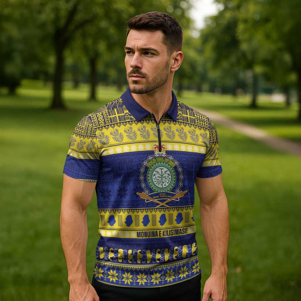 Niue Christmas Zipper Polo Shirt Monuina e Kilisimasi Hiapo Motifs LT14 - Polynesian Pride