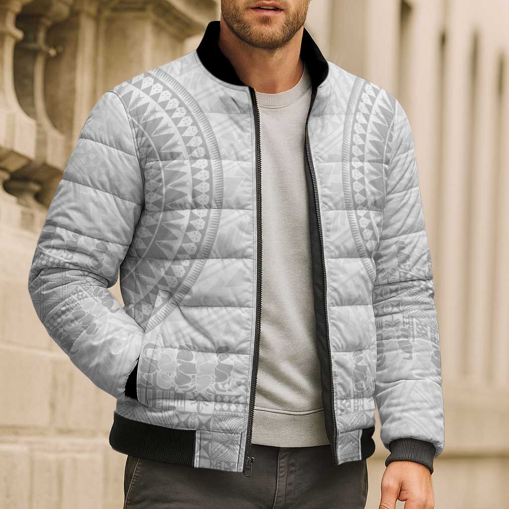 Niue White Sunday Bomber Puffer Jacket Tapu Fanau Ia Puakenikeni Hiapo Pattern - Polynesian Pride