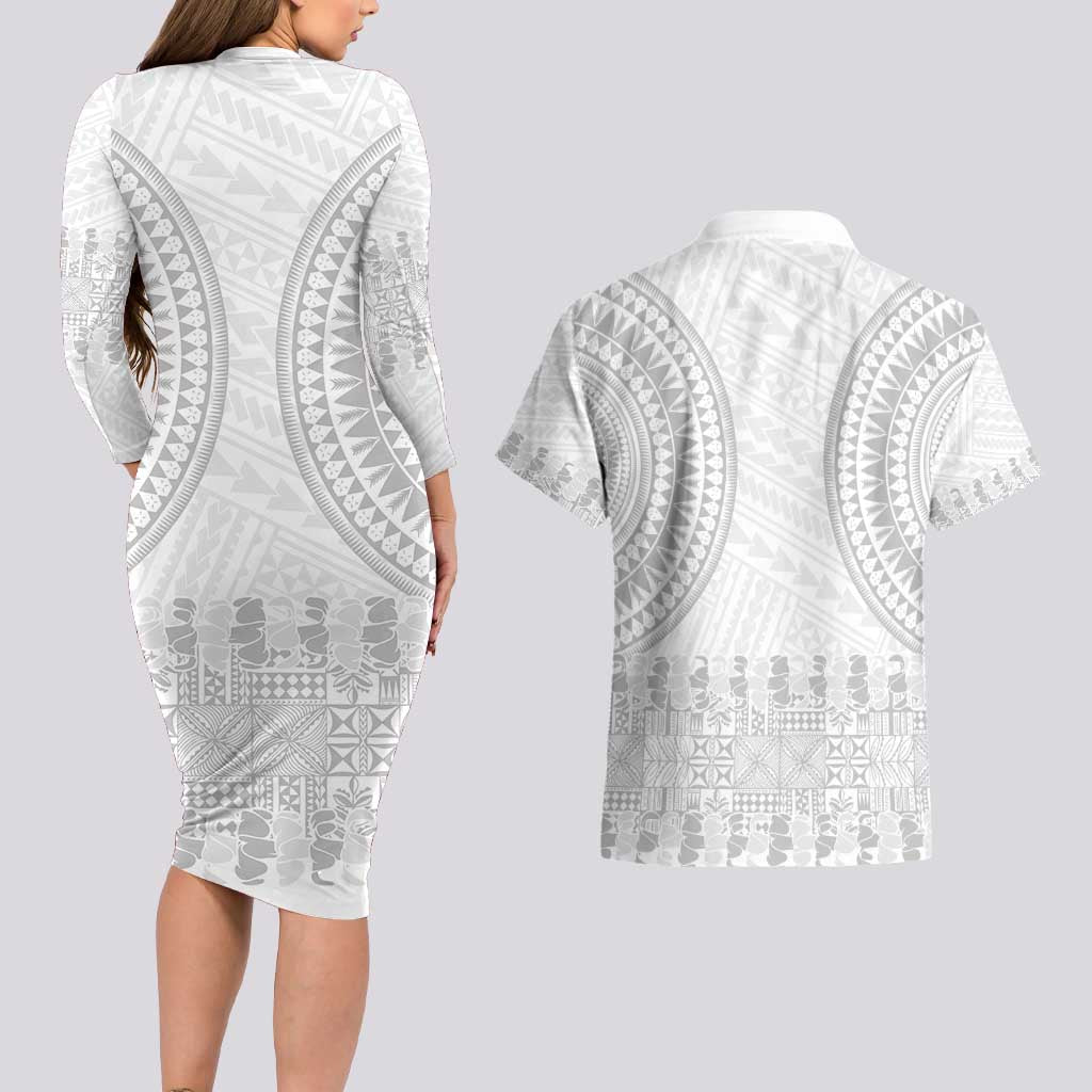Niue White Sunday Couples Matching Long Sleeve Bodycon Dress and Hawaiian Shirt Tapu Fanau Ia Puakenikeni Hiapo Pattern LT14 - Polynesian Pride