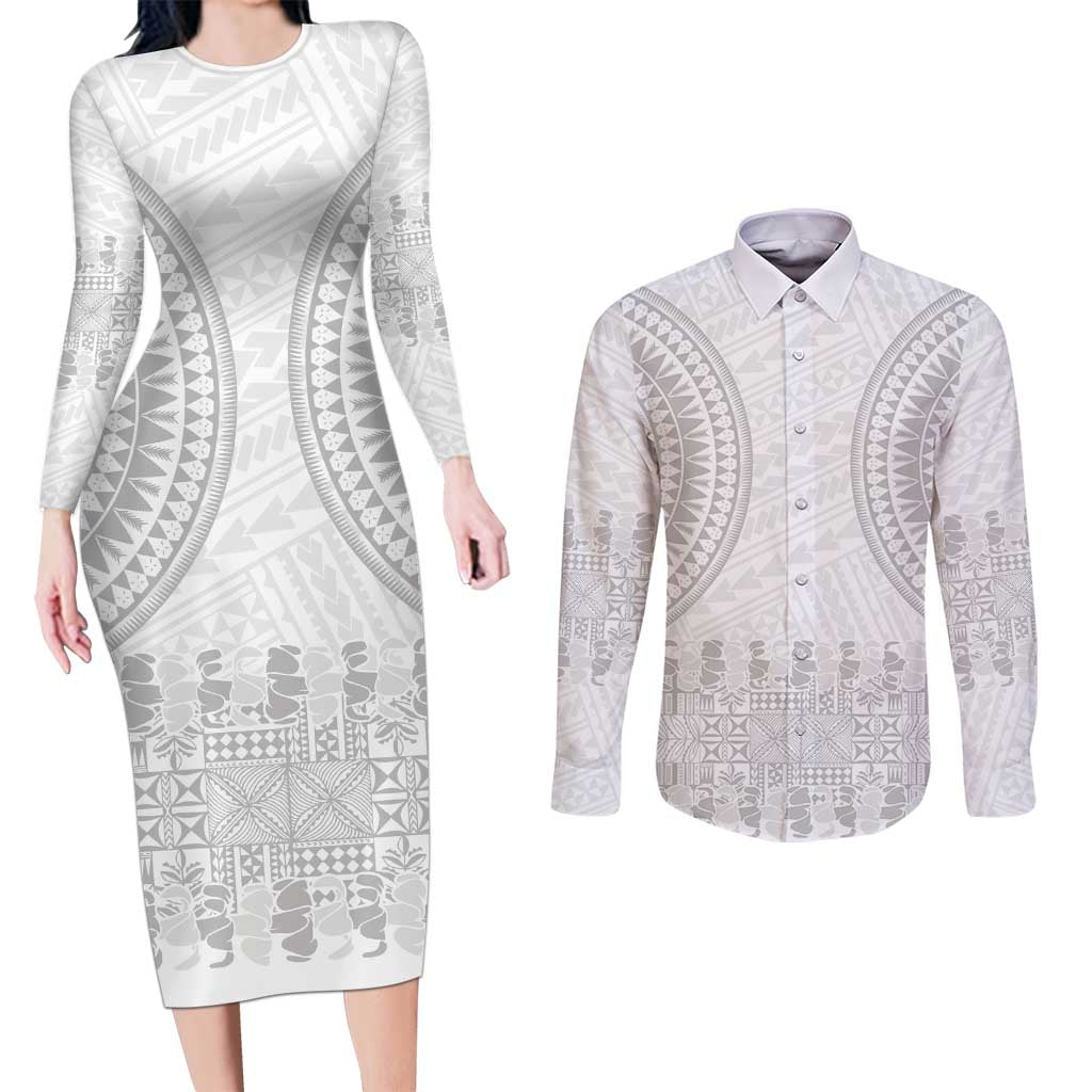 Niue White Sunday Couples Matching Long Sleeve Bodycon Dress and Long Sleeve Button Shirt Tapu Fanau Ia Puakenikeni Hiapo Pattern LT14 White - Polynesian Pride