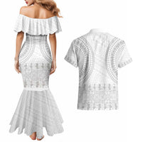 Niue White Sunday Couples Matching Mermaid Dress and Hawaiian Shirt Tapu Fanau Ia Puakenikeni Hiapo Pattern LT14 - Polynesian Pride