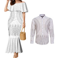 Niue White Sunday Couples Matching Mermaid Dress and Long Sleeve Button Shirt Tapu Fanau Ia Puakenikeni Hiapo Pattern LT14 White - Polynesian Pride