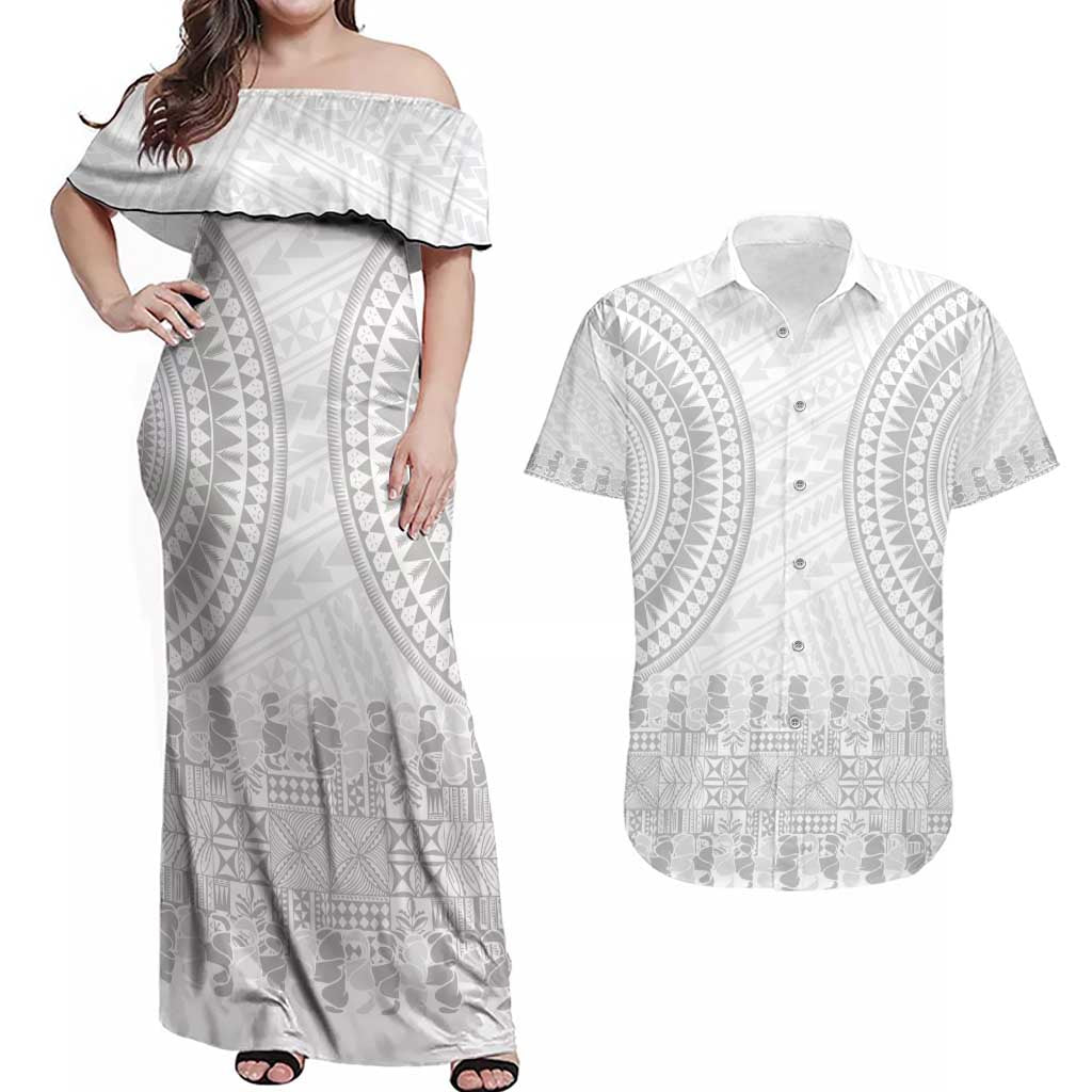 Niue White Sunday Couples Matching Off Shoulder Maxi Dress and Hawaiian Shirt Tapu Fanau Ia Puakenikeni Hiapo Pattern LT14 White - Polynesian Pride
