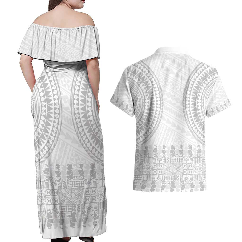 Niue White Sunday Couples Matching Off Shoulder Maxi Dress and Hawaiian Shirt Tapu Fanau Ia Puakenikeni Hiapo Pattern LT14 - Polynesian Pride