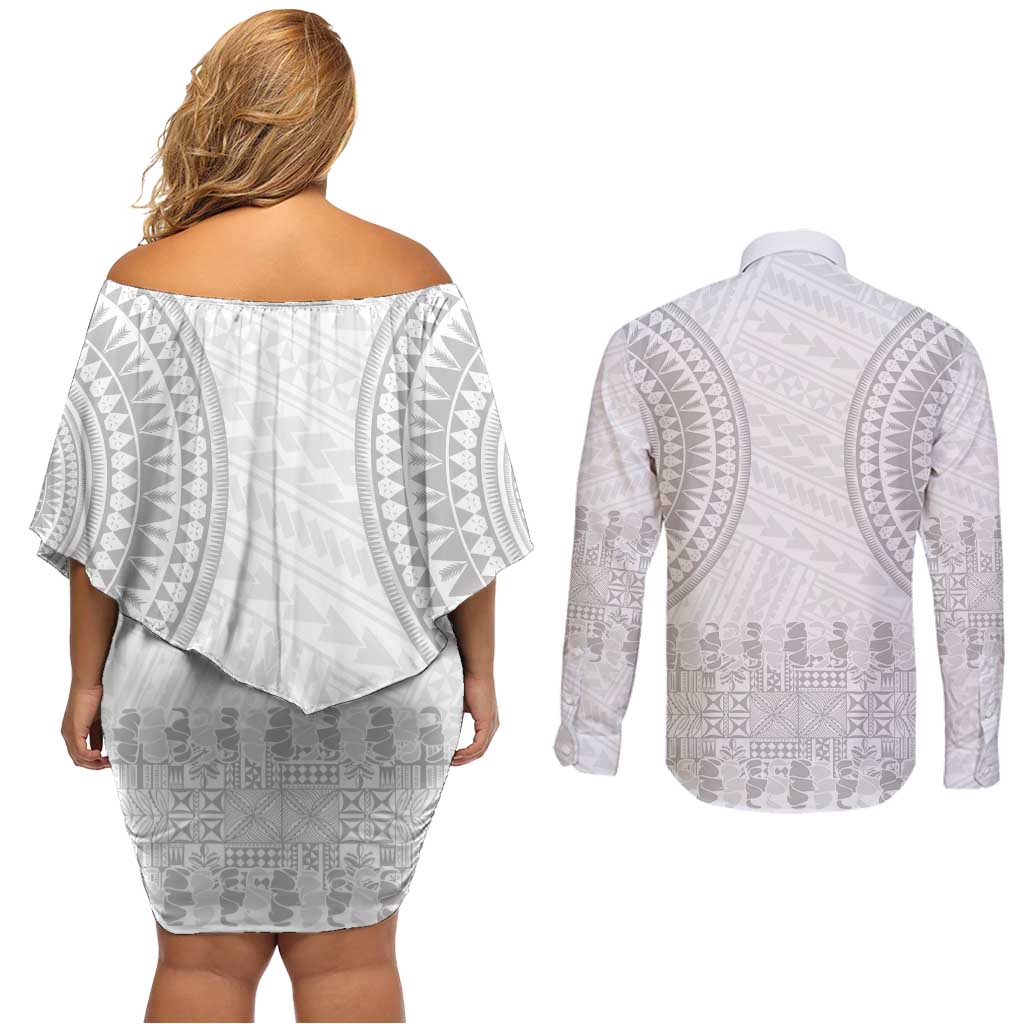 Niue White Sunday Couples Matching Off Shoulder Short Dress and Long Sleeve Button Shirt Tapu Fanau Ia Puakenikeni Hiapo Pattern LT14 - Polynesian Pride