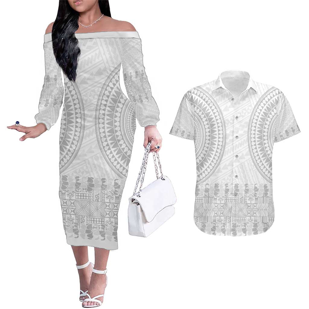 Niue White Sunday Couples Matching Off The Shoulder Long Sleeve Dress and Hawaiian Shirt Tapu Fanau Ia Puakenikeni Hiapo Pattern LT14 White - Polynesian Pride