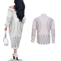 Niue White Sunday Couples Matching Off The Shoulder Long Sleeve Dress and Long Sleeve Button Shirt Tapu Fanau Ia Puakenikeni Hiapo Pattern LT14 - Polynesian Pride