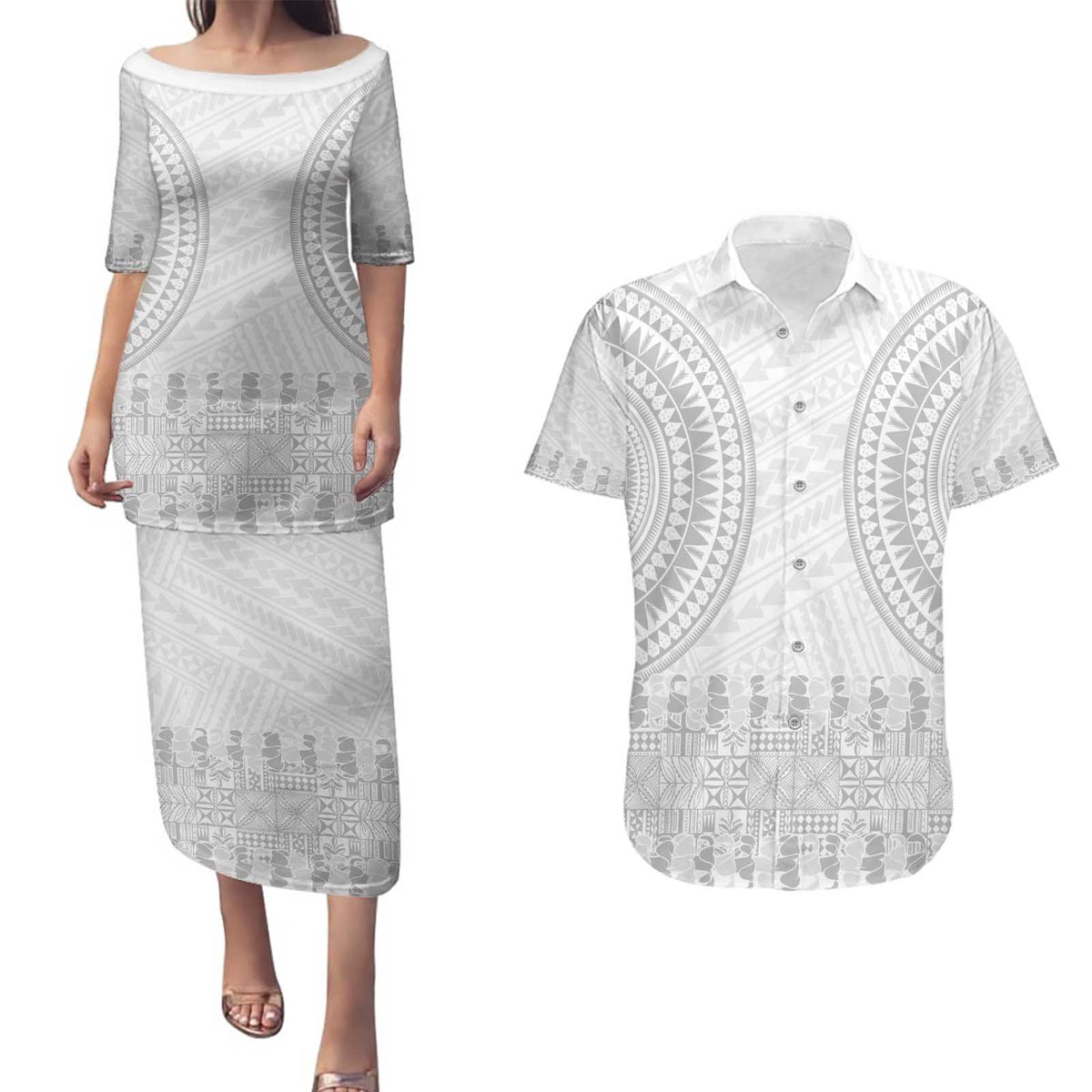 Niue White Sunday Couples Matching Puletasi and Hawaiian Shirt Tapu Fanau Ia Puakenikeni Hiapo Pattern LT14 White - Polynesian Pride