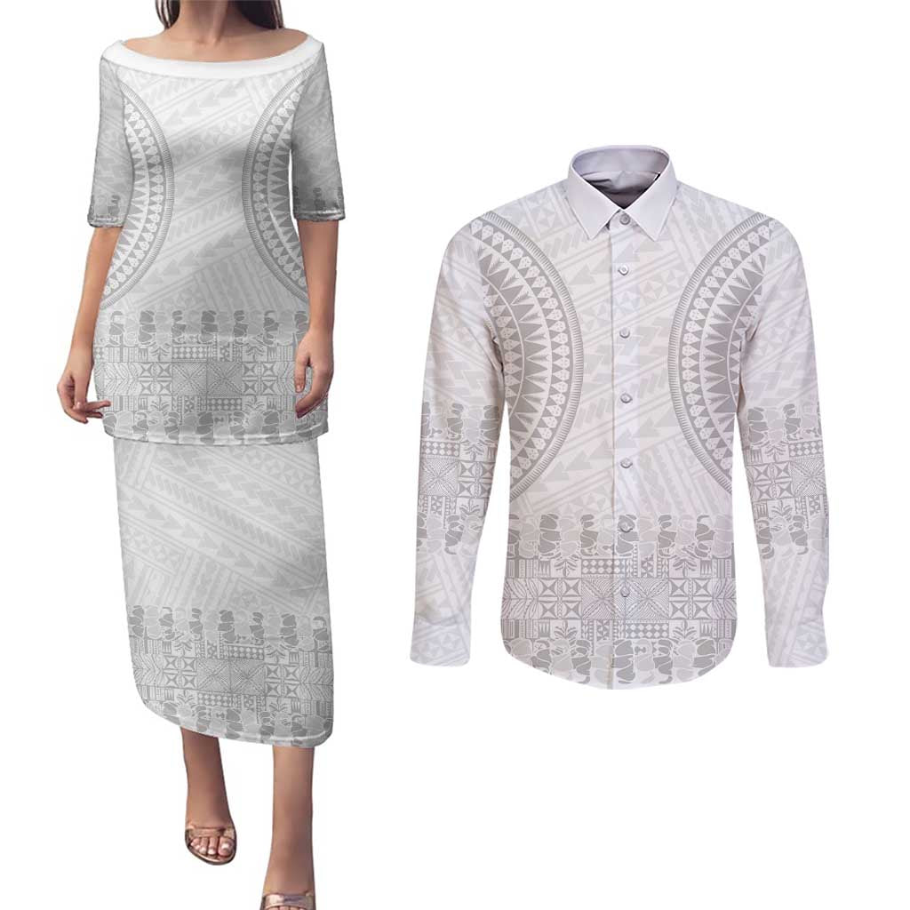 Niue White Sunday Couples Matching Puletasi and Long Sleeve Button Shirt Tapu Fanau Ia Puakenikeni Hiapo Pattern LT14 White - Polynesian Pride