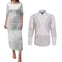 Niue White Sunday Couples Matching Puletasi and Long Sleeve Button Shirt Tapu Fanau Ia Puakenikeni Hiapo Pattern LT14 White - Polynesian Pride