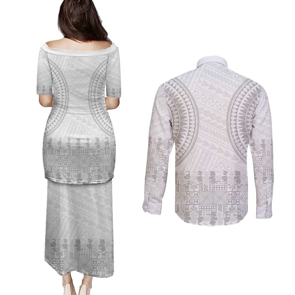 Niue White Sunday Couples Matching Puletasi and Long Sleeve Button Shirt Tapu Fanau Ia Puakenikeni Hiapo Pattern LT14 - Polynesian Pride