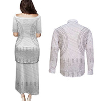 Niue White Sunday Couples Matching Puletasi and Long Sleeve Button Shirt Tapu Fanau Ia Puakenikeni Hiapo Pattern LT14 - Polynesian Pride