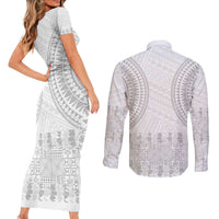 Niue White Sunday Couples Matching Short Sleeve Bodycon Dress and Long Sleeve Button Shirt Tapu Fanau Ia Puakenikeni Hiapo Pattern LT14 - Polynesian Pride
