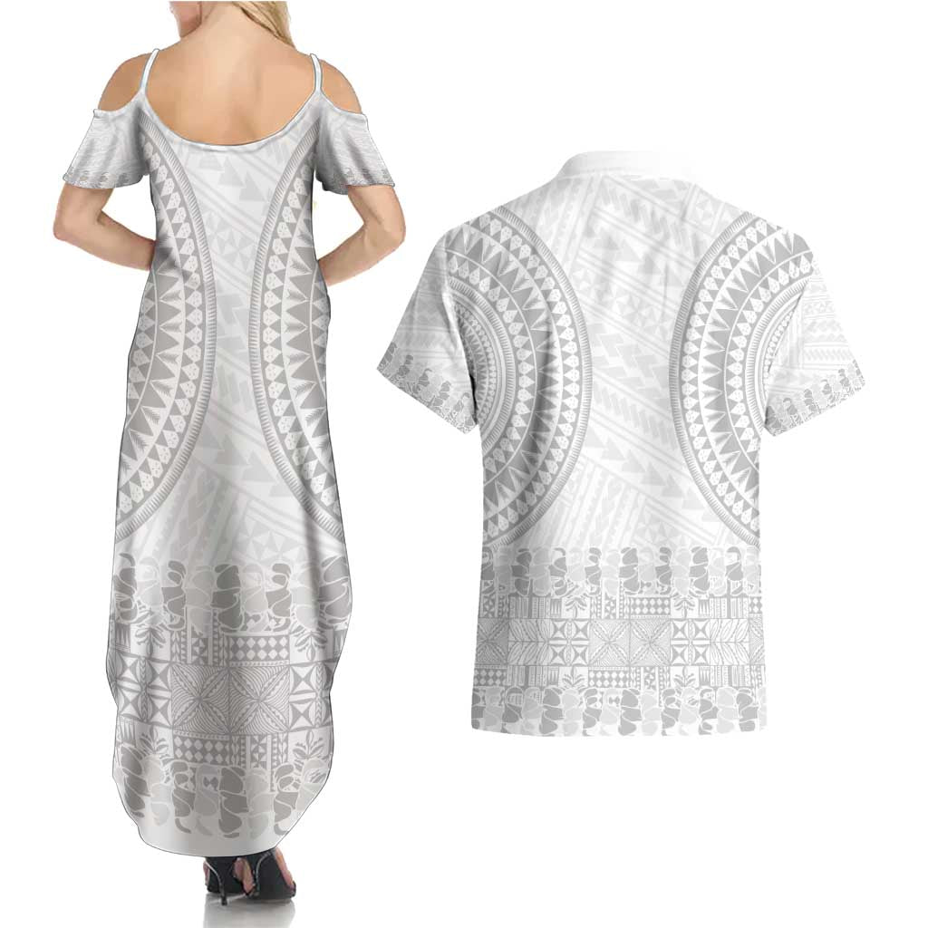 Niue White Sunday Couples Matching Summer Maxi Dress and Hawaiian Shirt Tapu Fanau Ia Puakenikeni Hiapo Pattern LT14 - Polynesian Pride