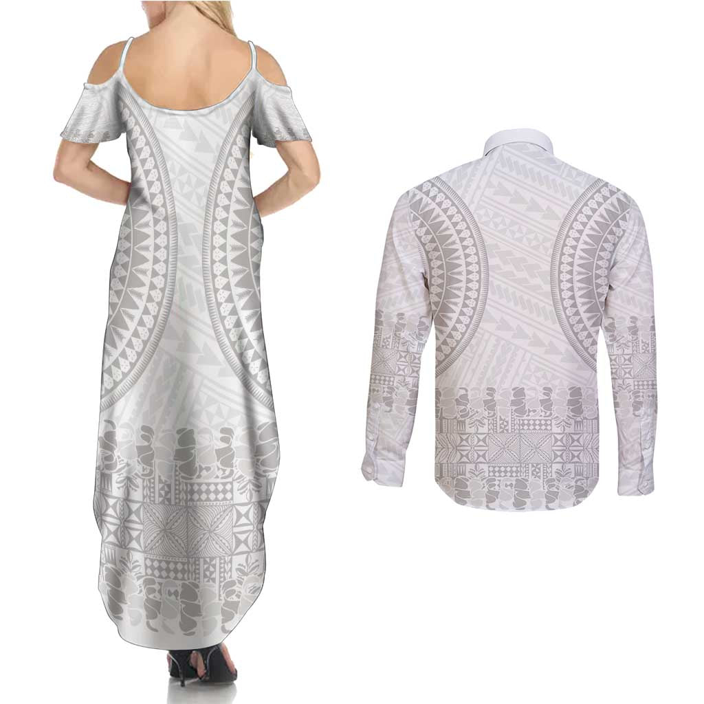 Niue White Sunday Couples Matching Summer Maxi Dress and Long Sleeve Button Shirt Tapu Fanau Ia Puakenikeni Hiapo Pattern LT14 - Polynesian Pride