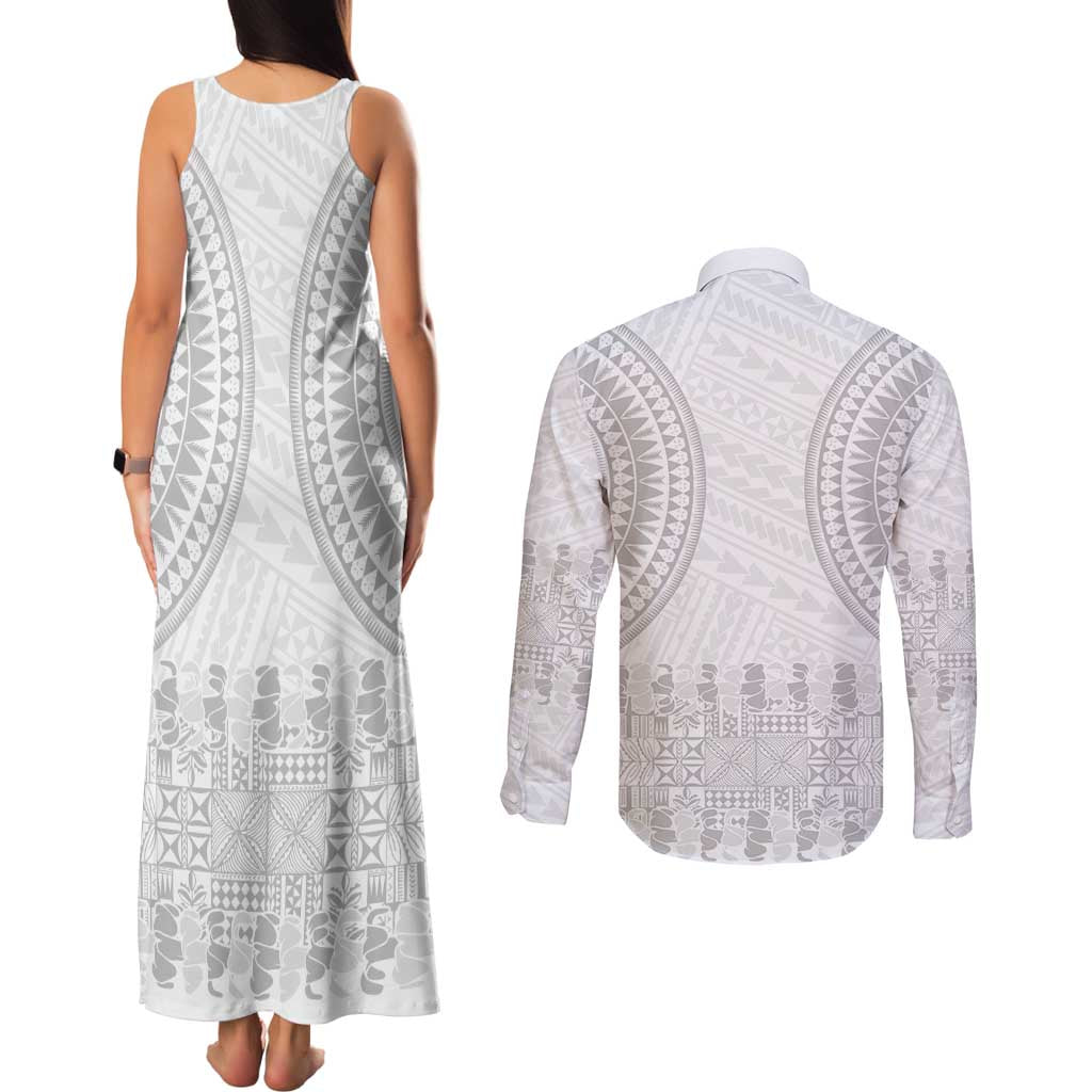 Niue White Sunday Couples Matching Tank Maxi Dress and Long Sleeve Button Shirt Tapu Fanau Ia Puakenikeni Hiapo Pattern LT14 - Polynesian Pride