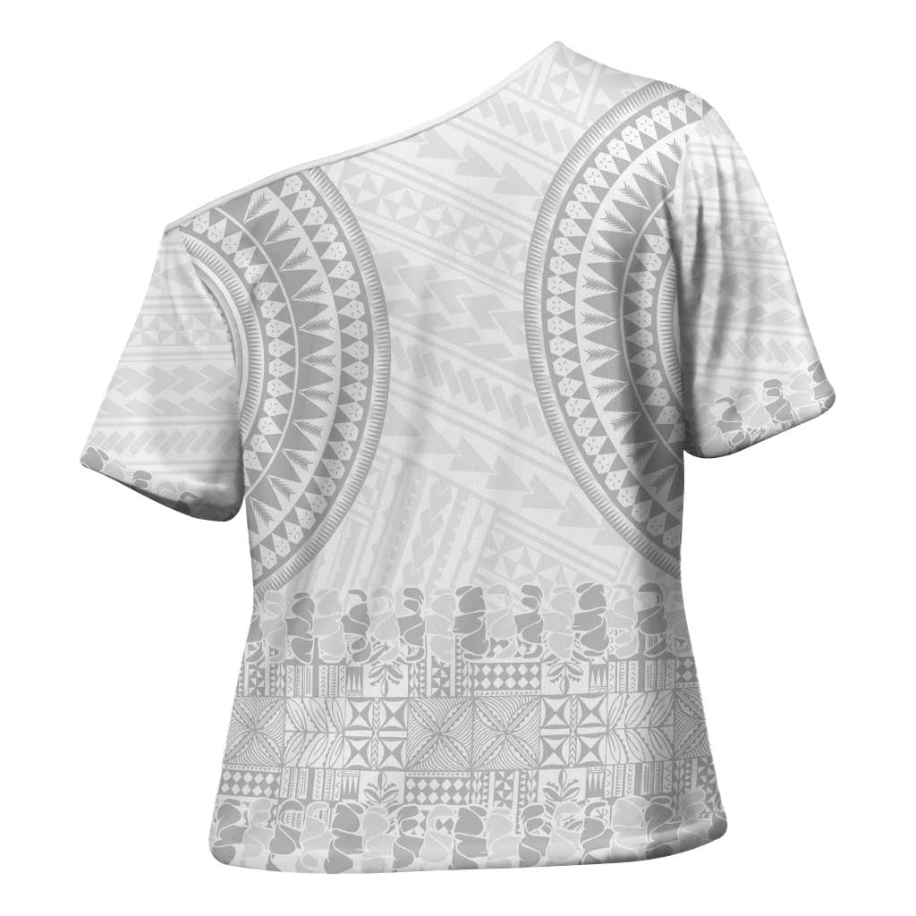 Niue White Sunday Cross Shoulder Shirt Tapu Fanau Ia Puakenikeni Hiapo Pattern LT14 - Polynesian Pride