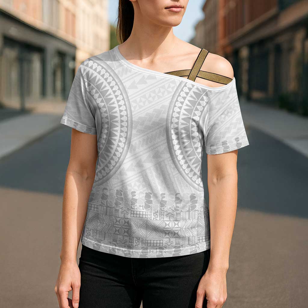 Niue White Sunday Cross Shoulder Shirt Tapu Fanau Ia Puakenikeni Hiapo Pattern LT14 - Polynesian Pride