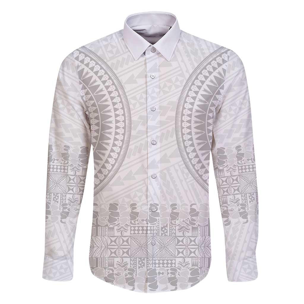 Niue White Sunday Family Matching Long Sleeve Bodycon Dress and Hawaiian Shirt Tapu Fanau Ia Puakenikeni Hiapo Pattern LT14 Dad's Shirt - Long Sleeve White - Polynesian Pride