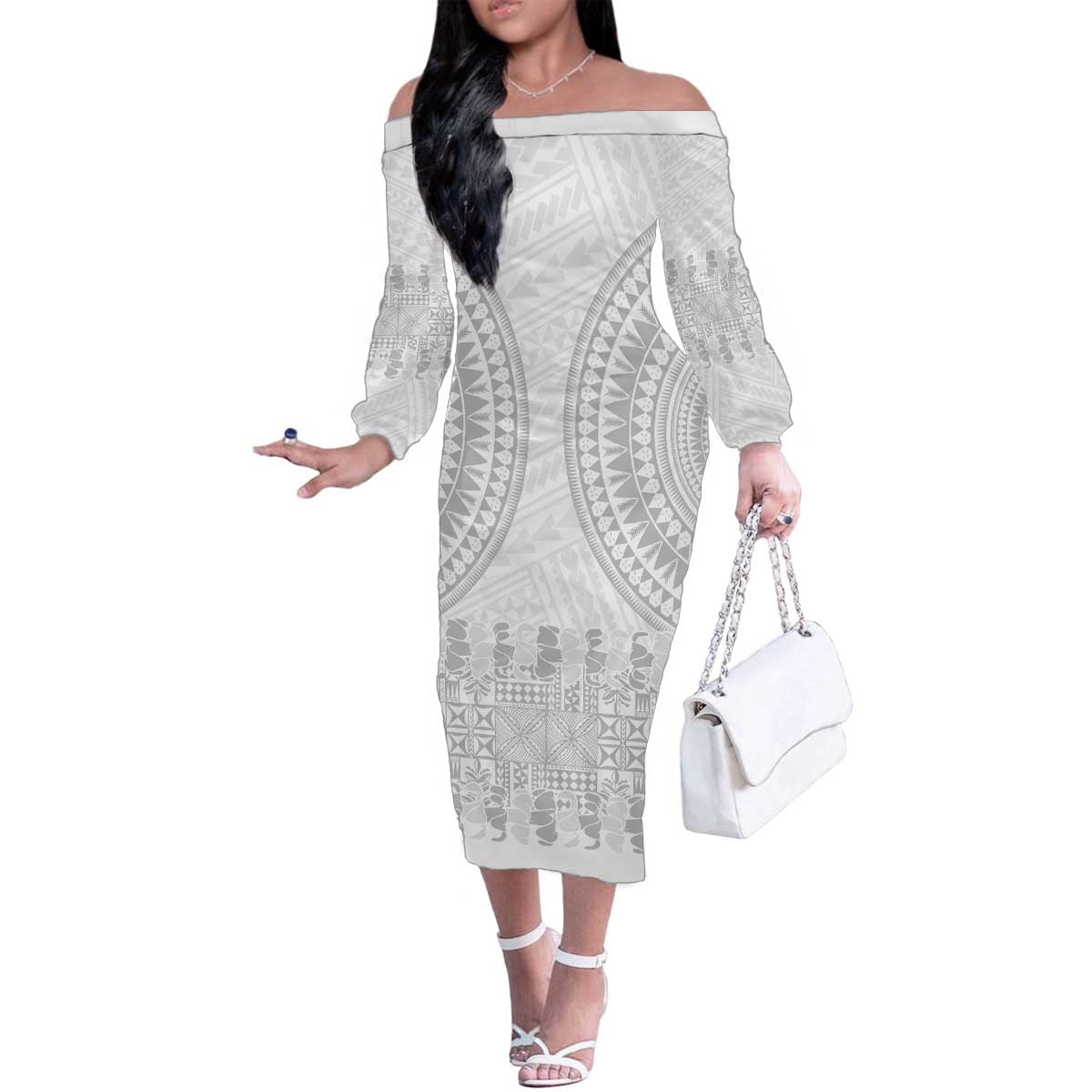 Niue White Sunday Family Matching Off The Shoulder Long Sleeve Dress and Hawaiian Shirt Tapu Fanau Ia Puakenikeni Hiapo Pattern LT14 Mom's Dress White - Polynesian Pride