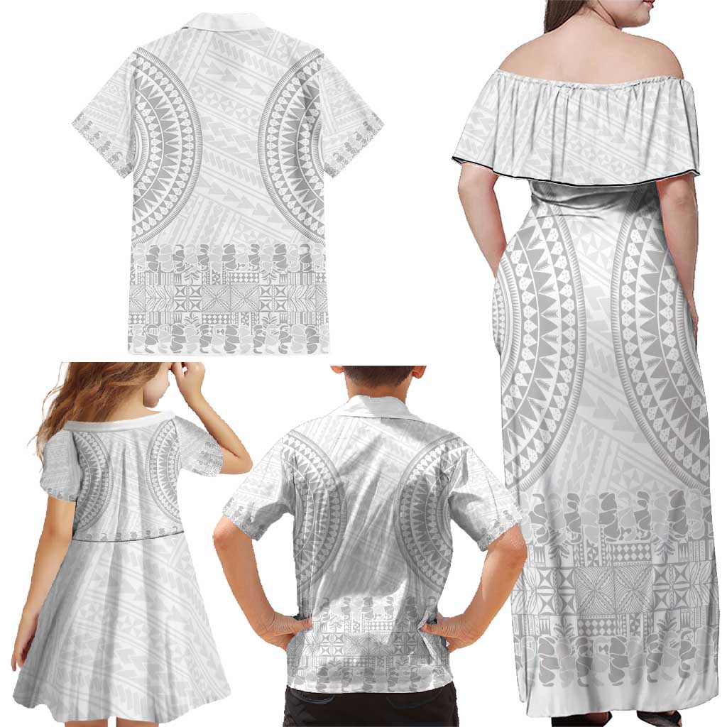 Niue White Sunday Family Matching Off Shoulder Maxi Dress and Hawaiian Shirt Tapu Fanau Ia Puakenikeni Hiapo Pattern LT14 - Polynesian Pride