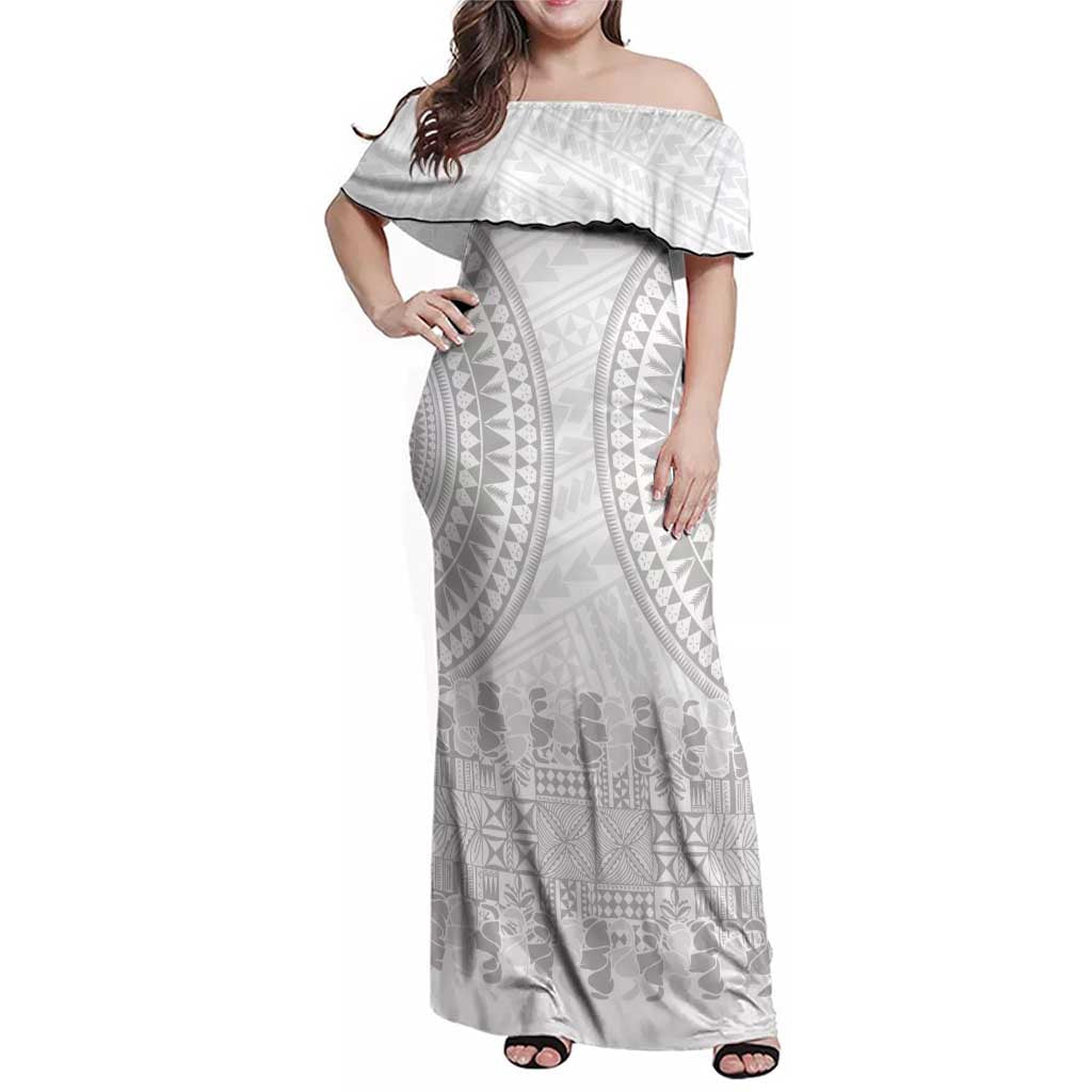 Niue White Sunday Family Matching Off Shoulder Maxi Dress and Hawaiian Shirt Tapu Fanau Ia Puakenikeni Hiapo Pattern LT14 Mom's Dress White - Polynesian Pride
