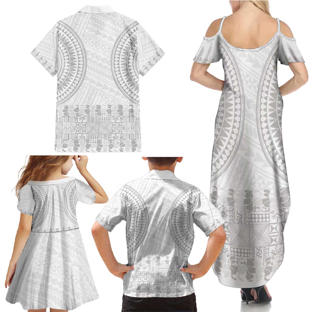 Niue White Sunday Family Matching Summer Maxi Dress and Hawaiian Shirt Tapu Fanau Ia Puakenikeni Hiapo Pattern LT14 - Polynesian Pride