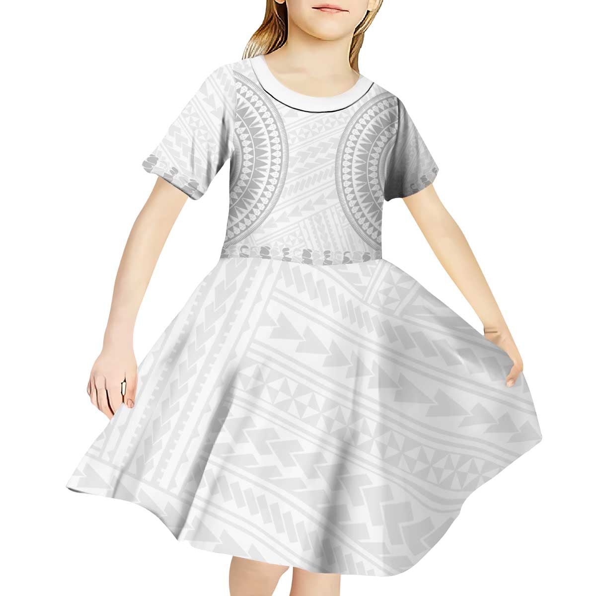 Niue White Sunday Kid Short Sleeve Dress Tapu Fanau Ia Puakenikeni Hiapo Pattern LT14 - Polynesian Pride
