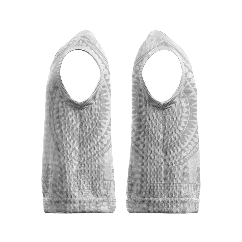 Niue White Sunday Christmas Knitted V-Neck Vest Tapu Fanau Ia Puakenikeni Hiapo Pattern LT14 - Polynesian Pride