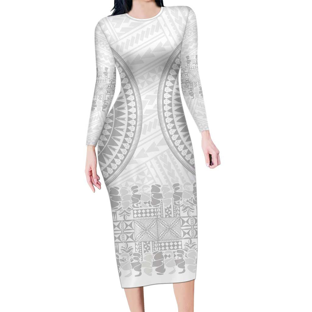 Niue White Sunday Long Sleeve Bodycon Dress Tapu Fanau Ia Puakenikeni Hiapo Pattern LT14 Long Dress White - Polynesian Pride