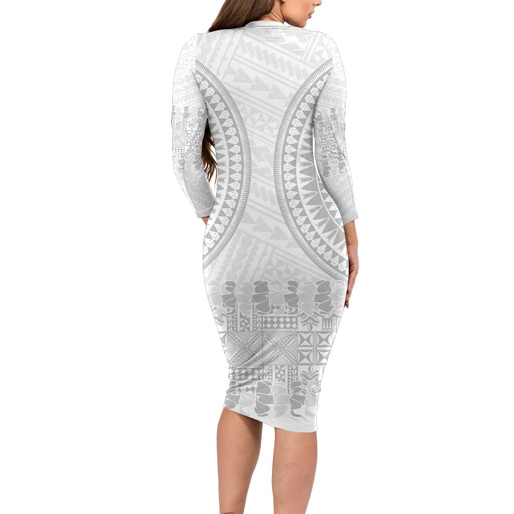 Niue White Sunday Long Sleeve Bodycon Dress Tapu Fanau Ia Puakenikeni Hiapo Pattern LT14 - Polynesian Pride