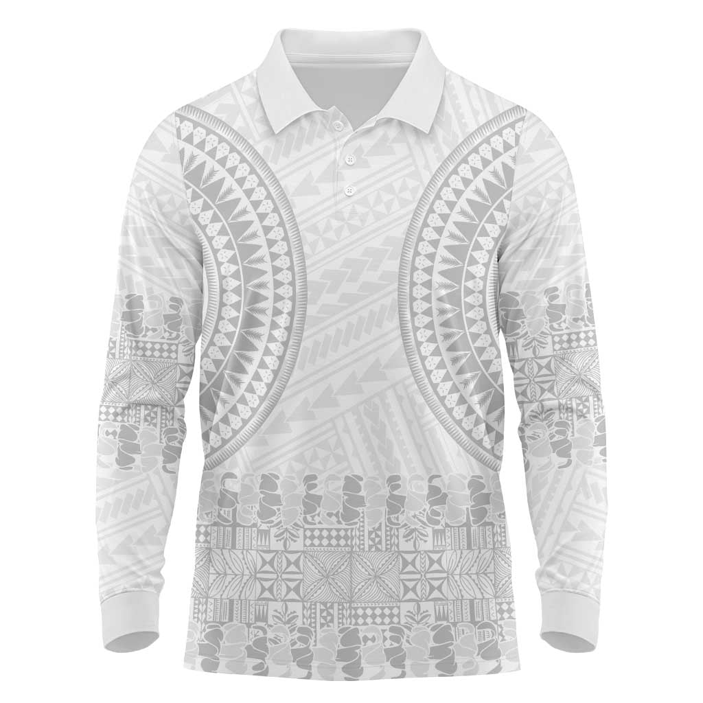 Niue White Sunday Long Sleeve Polo Shirt Tapu Fanau Ia Puakenikeni Hiapo Pattern LT14 White - Polynesian Pride