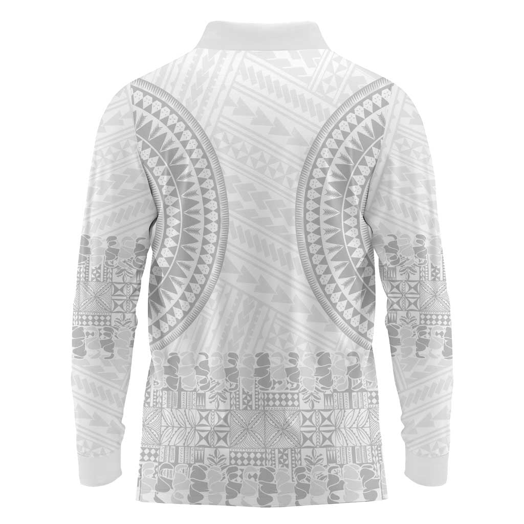 Niue White Sunday Long Sleeve Polo Shirt Tapu Fanau Ia Puakenikeni Hiapo Pattern LT14 - Polynesian Pride