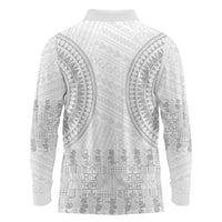 Niue White Sunday Long Sleeve Polo Shirt Tapu Fanau Ia Puakenikeni Hiapo Pattern LT14 - Polynesian Pride