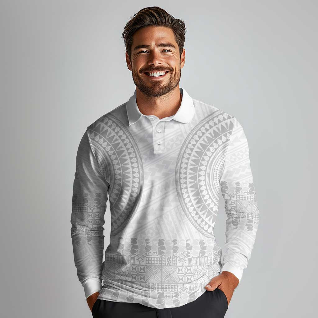 Niue White Sunday Long Sleeve Polo Shirt Tapu Fanau Ia Puakenikeni Hiapo Pattern LT14 - Polynesian Pride