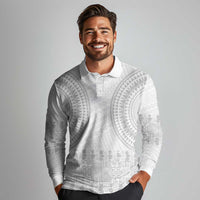 Niue White Sunday Long Sleeve Polo Shirt Tapu Fanau Ia Puakenikeni Hiapo Pattern LT14 - Polynesian Pride
