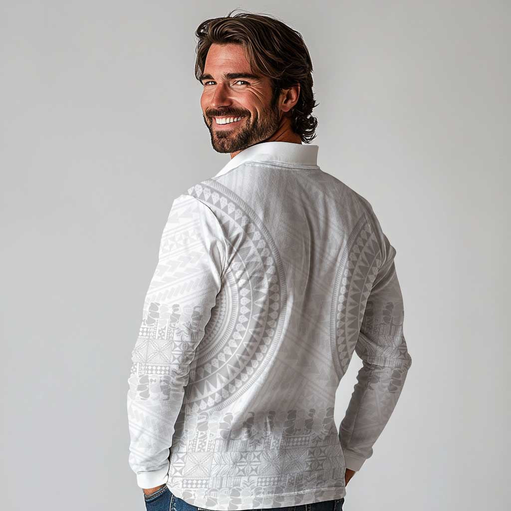 Niue White Sunday Long Sleeve Polo Shirt Tapu Fanau Ia Puakenikeni Hiapo Pattern LT14 - Polynesian Pride