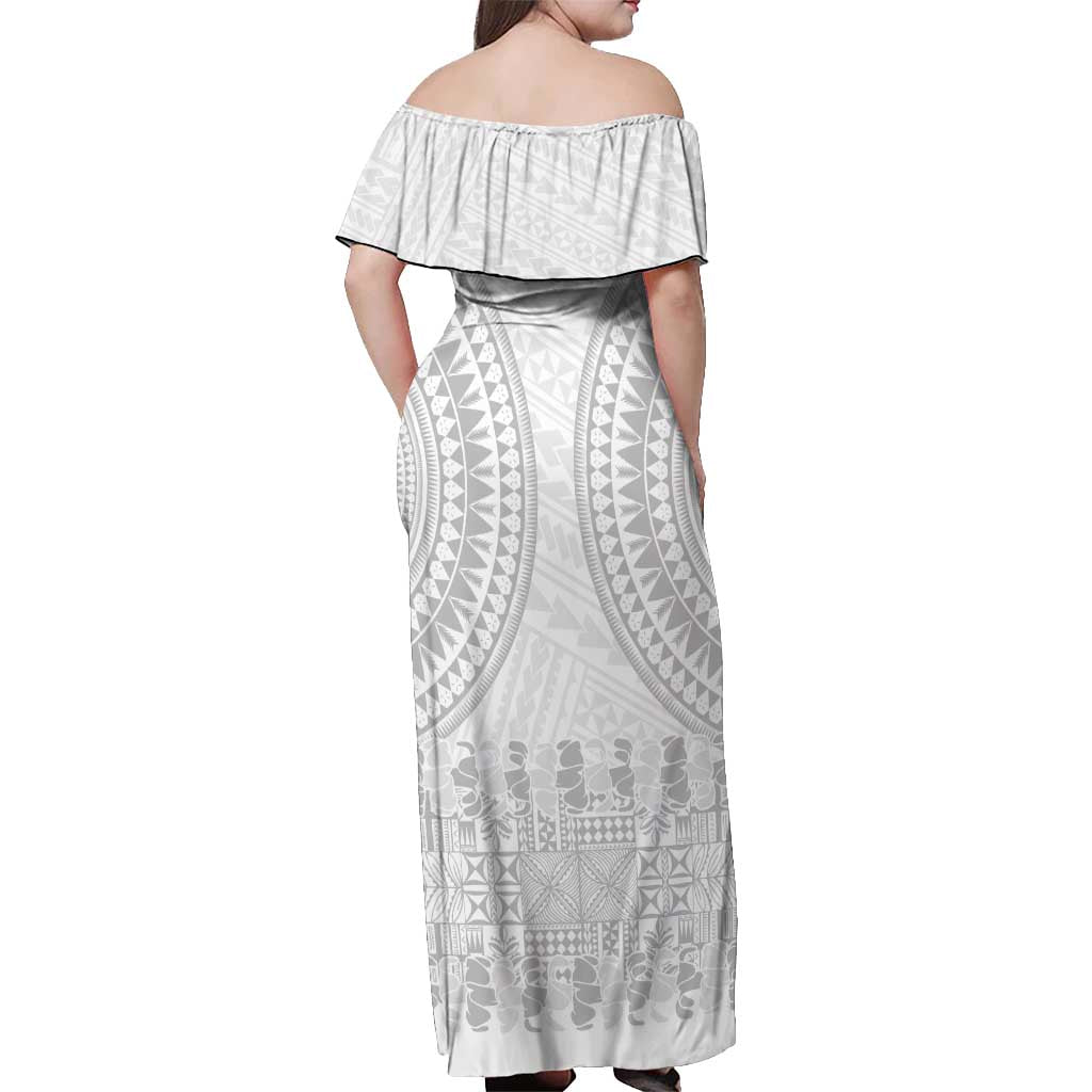 Niue White Sunday Off Shoulder Maxi Dress Tapu Fanau Ia Puakenikeni Hiapo Pattern LT14 - Polynesian Pride