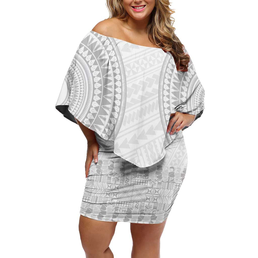 Niue White Sunday Off Shoulder Short Dress Tapu Fanau Ia Puakenikeni Hiapo Pattern LT14 Women White - Polynesian Pride
