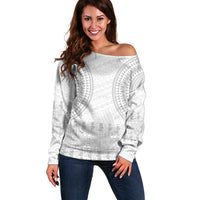 Niue White Sunday Off Shoulder Sweater Tapu Fanau Ia Puakenikeni Hiapo Pattern - Polynesian Pride