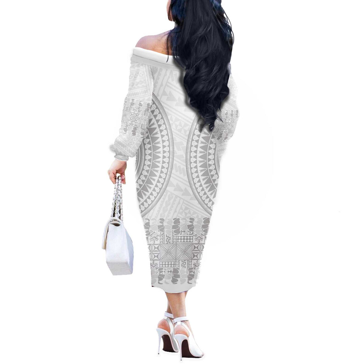 Niue White Sunday Off The Shoulder Long Sleeve Dress Tapu Fanau Ia Puakenikeni Hiapo Pattern LT14 - Polynesian Pride