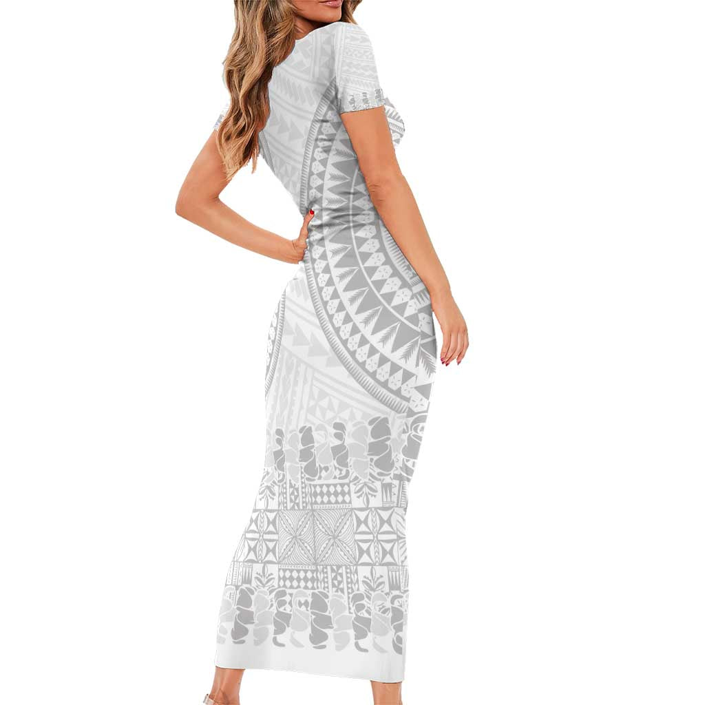 Niue White Sunday Short Sleeve Bodycon Dress Tapu Fanau Ia Puakenikeni Hiapo Pattern LT14 - Polynesian Pride