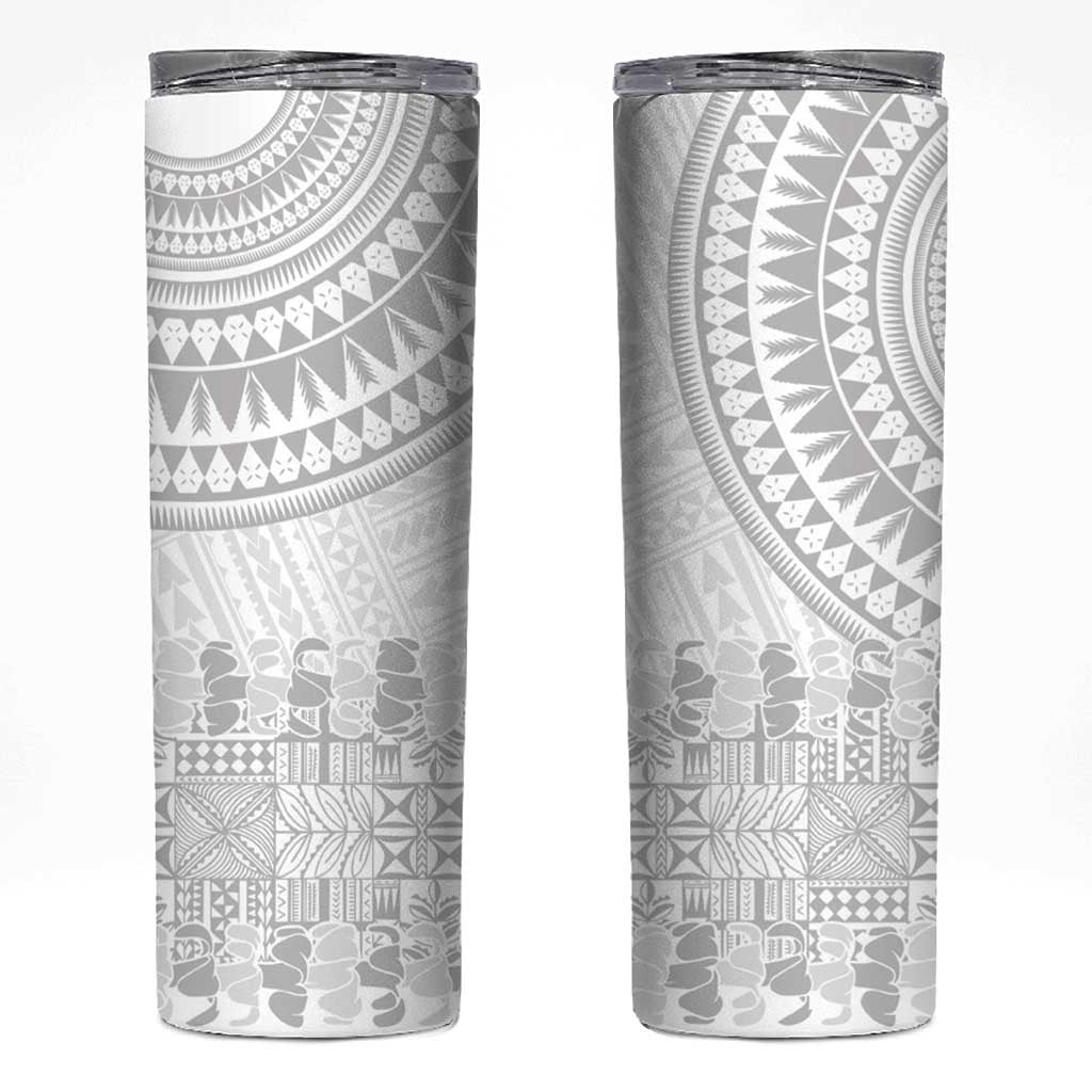 Niue White Sunday Skinny Tumbler Tapu Fanau Ia Puakenikeni Hiapo Pattern LT14 White - Polynesian Pride