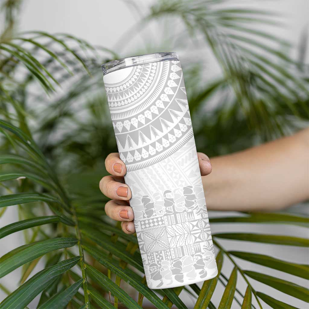 Niue White Sunday Skinny Tumbler Tapu Fanau Ia Puakenikeni Hiapo Pattern LT14 - Polynesian Pride