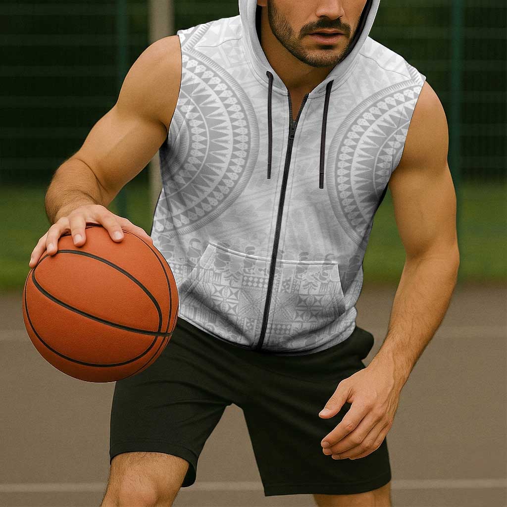 Niue White Sunday Sleeveless Zip Hoodie Tapu Fanau Ia Puakenikeni Hiapo Pattern LT14 - Polynesian Pride