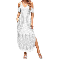 Niue White Sunday Summer Maxi Dress Tapu Fanau Ia Puakenikeni Hiapo Pattern LT14 Women White - Polynesian Pride