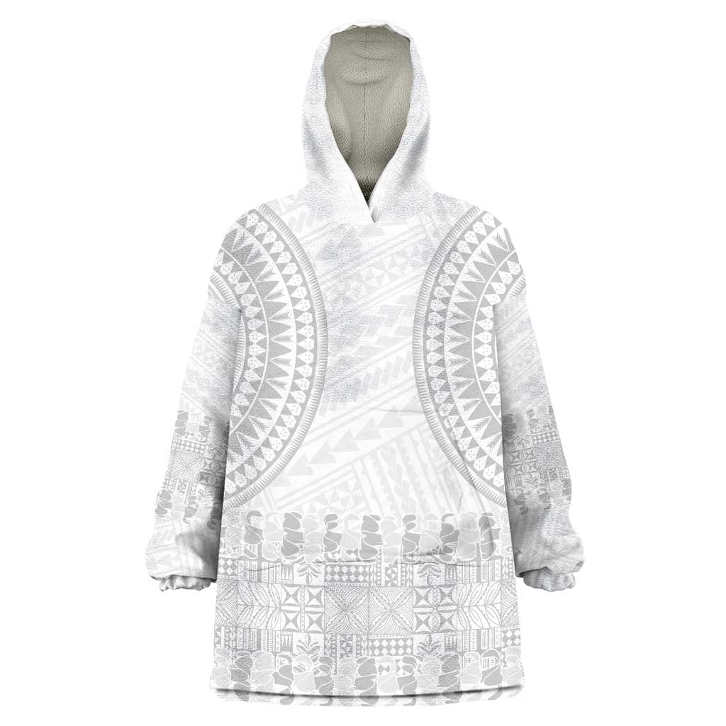 Niue White Sunday Wearable Blanket Hoodie Tapu Fanau Ia Puakenikeni Hiapo Pattern LT14 One Size White - Polynesian Pride